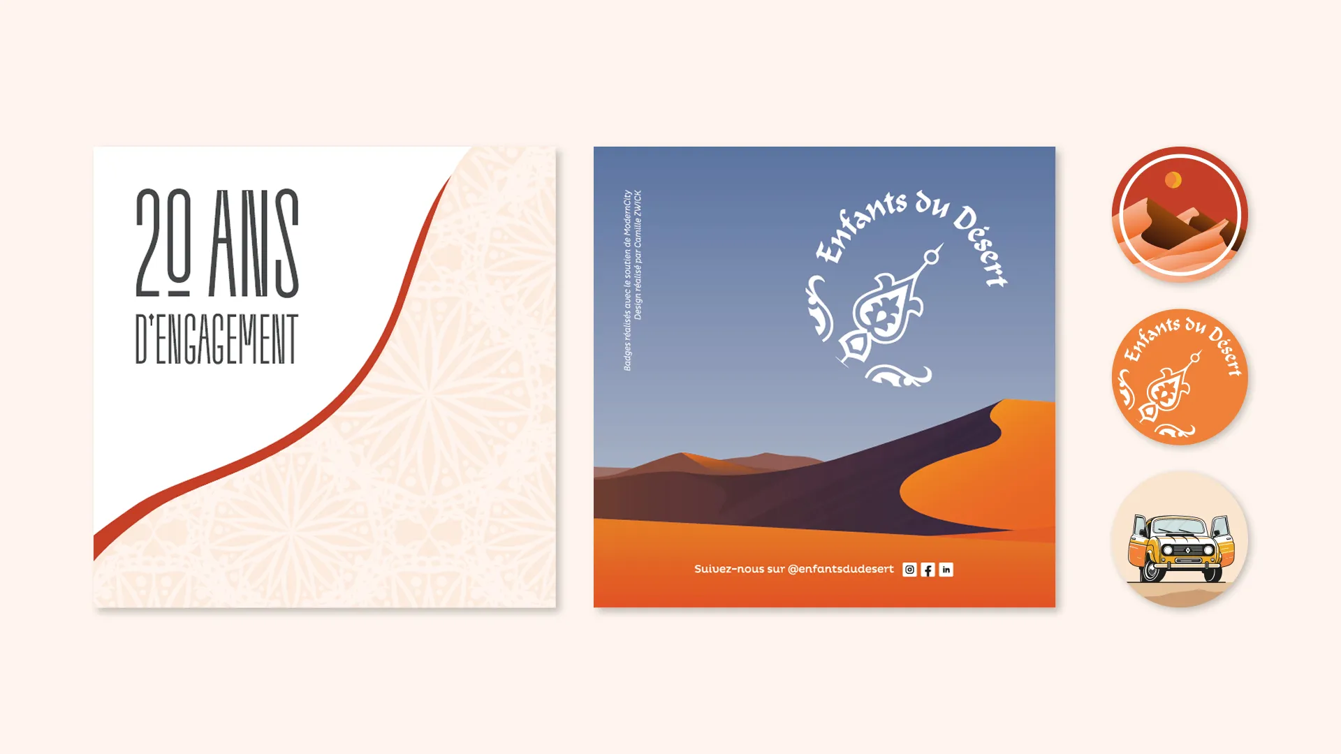 Présentation des supports Enfants du Désert avec visuels anniversaire, badges illustrés et identité graphique inspirée du désert.